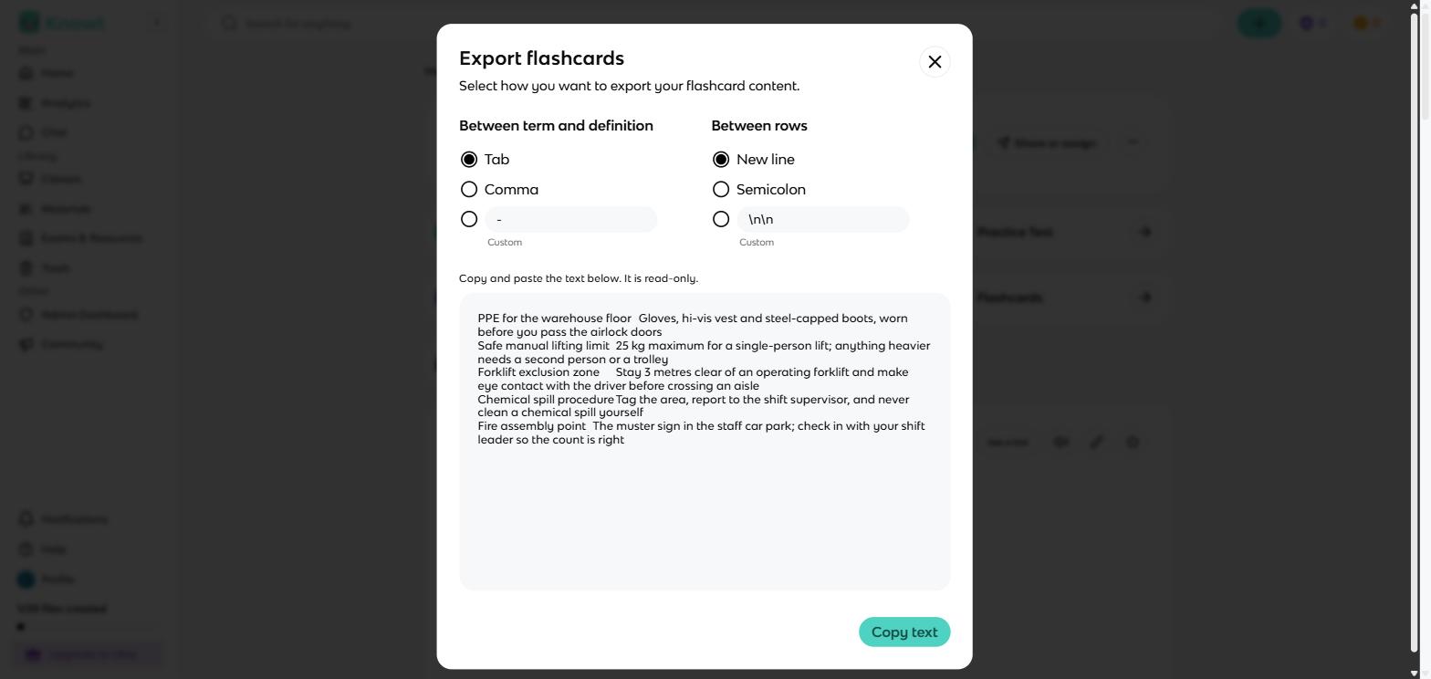 A janela de exportação do Knowt: sai como texto simples, separadores configuráveis