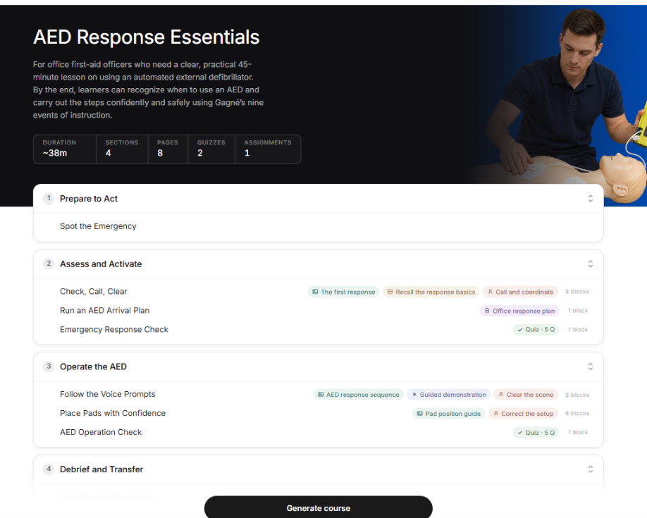 Coursebox AI outline for an AED lesson: four sections named for the content, Prepare to Act, Assess and Activate, Operate the AED, Debrief and Transfer