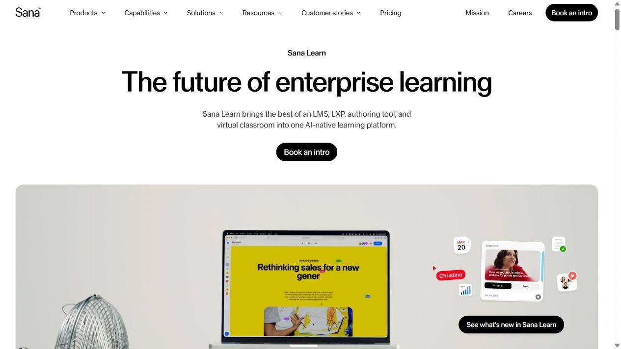 Página de Sana Learn que describe su plataforma de aprendizaje, la autoría y el aula virtual