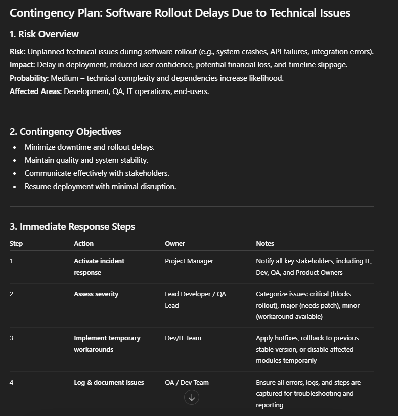 Develop a contingency plan for delays in a software rollout due to unexpected technical issues.