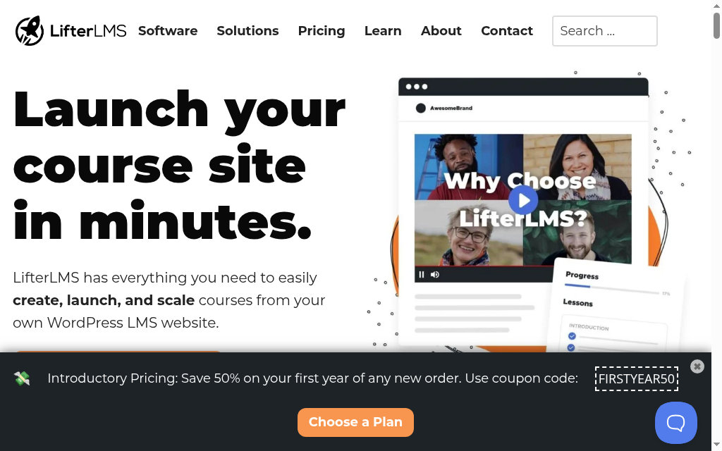 Pagina del prodotto LifterLMS con la sua offerta per l'apprendimento o la creazione di corsi