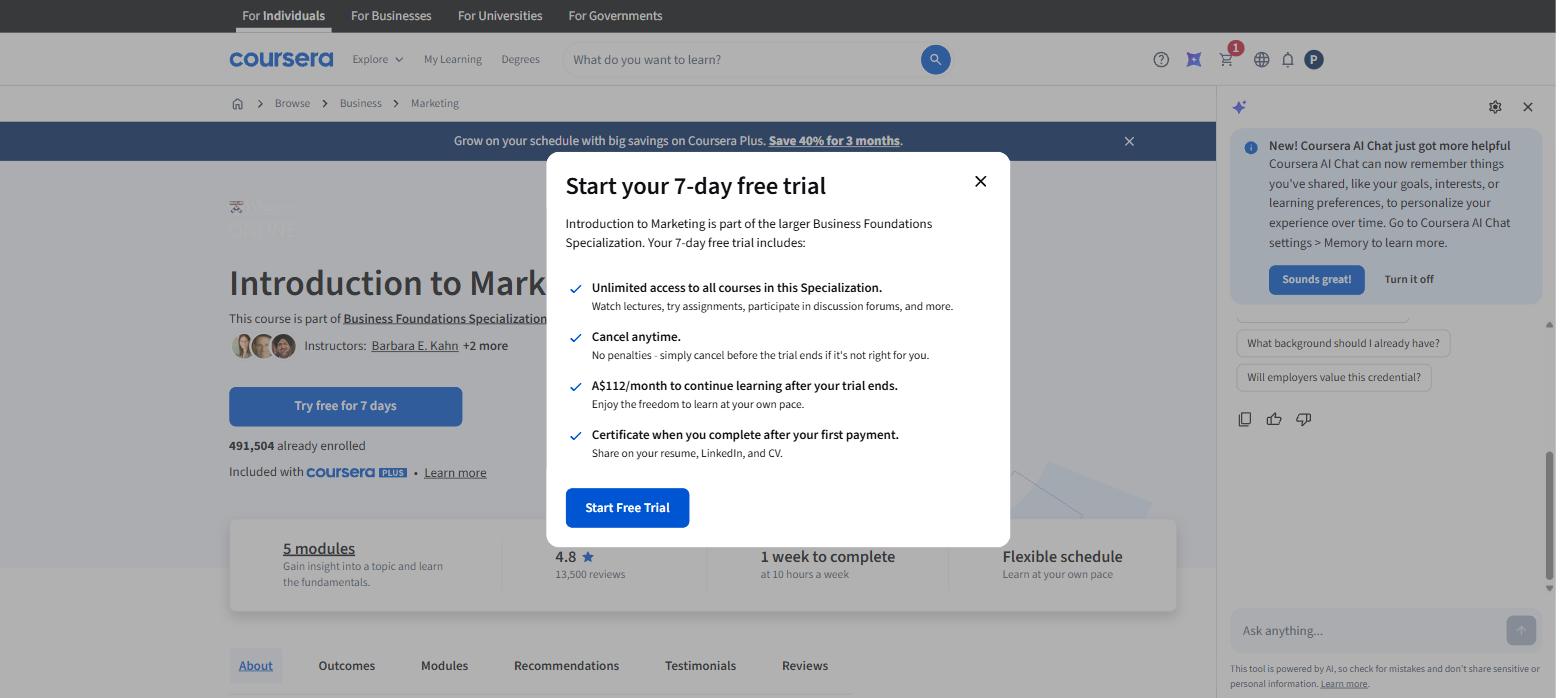 Introduction to Marketing van Wharton: dezelfde proefperiode van 7 dagen, daarna A$112 per maand