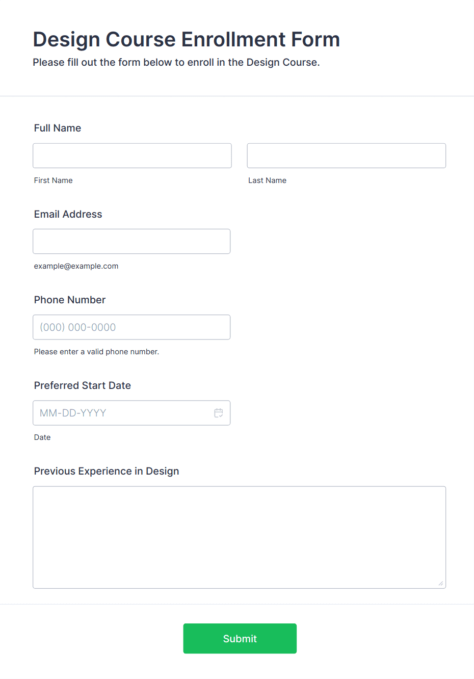 Example of course enrollment form