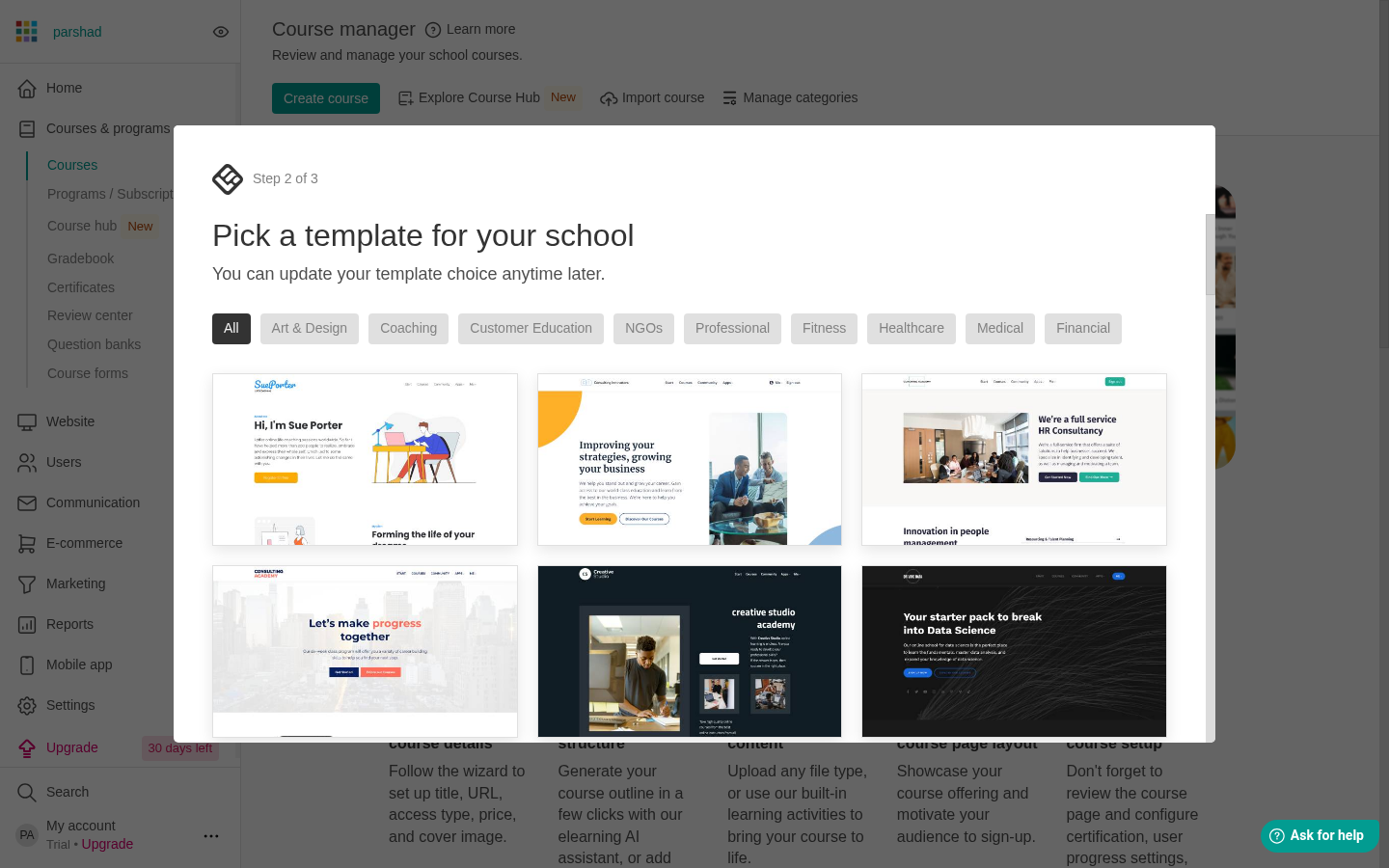 LearnWorlds' Course manager behind its own school setup wizard, showing step two of three asking you to pick a template for the school
