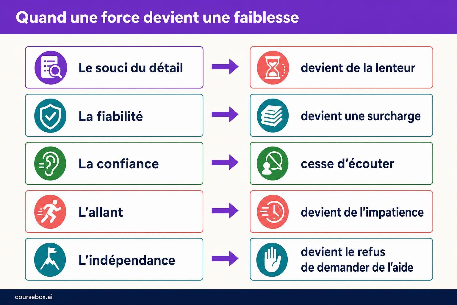 Infographie montrant comment une force devient une faiblesse quand elle est utilisée à l'excès : le souci du détail devient de la lenteur, la fiabilité devient une surcharge, la confiance cesse d'écouter, l'allant devient de l'impatience et l'indépendance devient le refus de demander de l'aide.