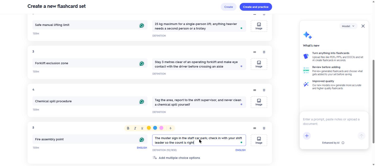 倉庫安全カードを入力したQuizletのセット作成エディター。入力しながら自動保存される