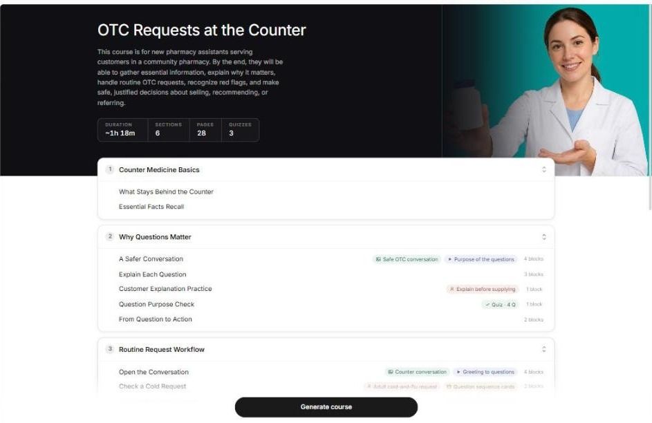 Coursebox course outline for an over-the-counter medicine requests course: about 1 hour 18 minutes over six sections, opening with a recall check in Counter Medicine Basics