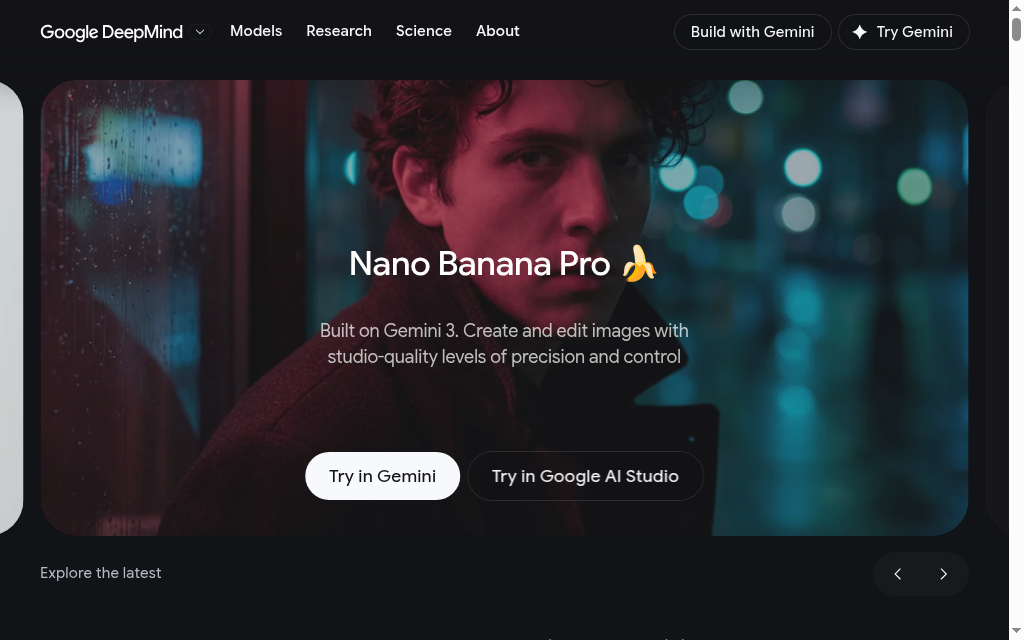 Google DeepMind’s Nano Banana Pro page with links to Gemini and AI Studio