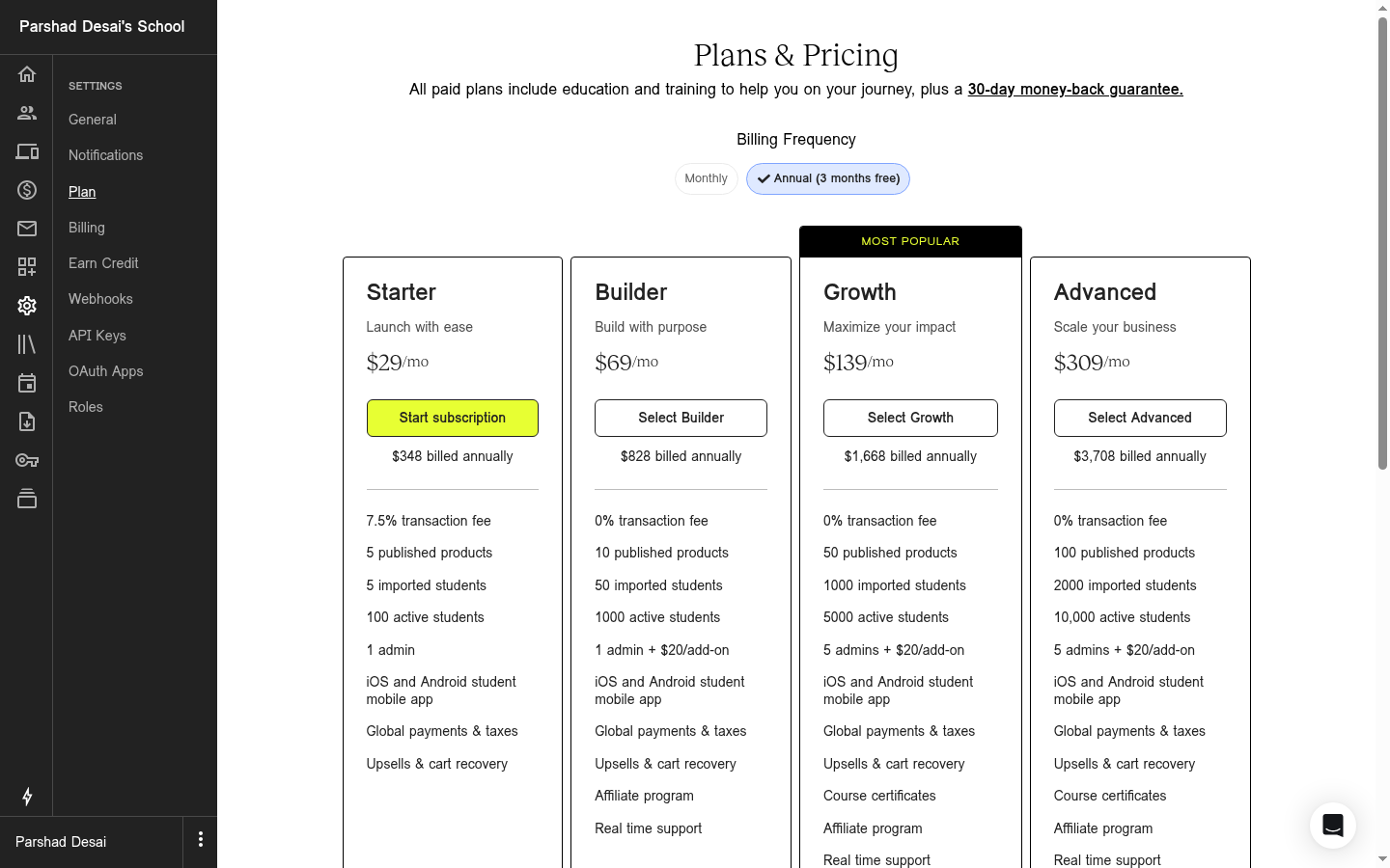 Teachable's in-product Plans & Pricing screen on my trial school, showing Starter, Builder, Growth and Advanced with transaction fees, product limits and student caps per plan