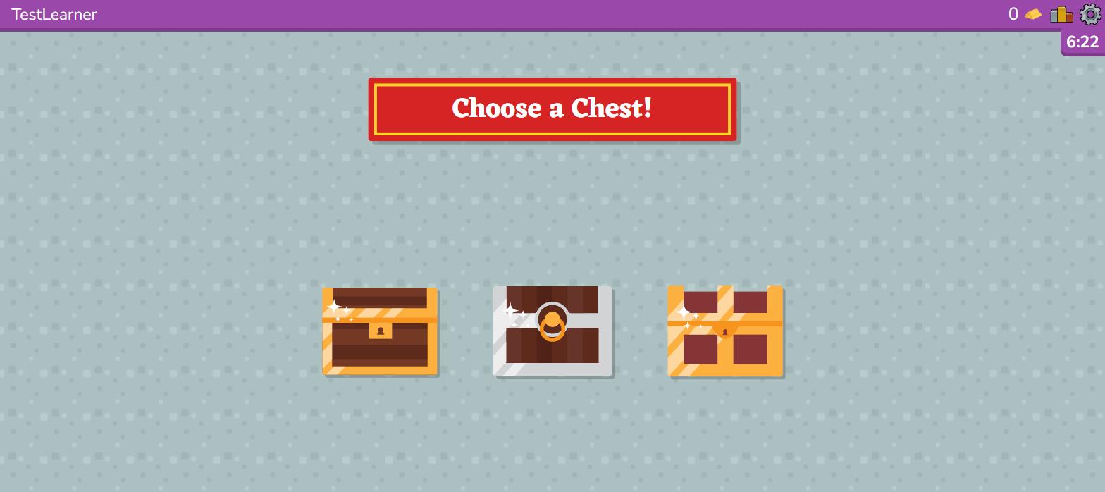 Choose a Chest: Blooket's random reward step after a correct answer