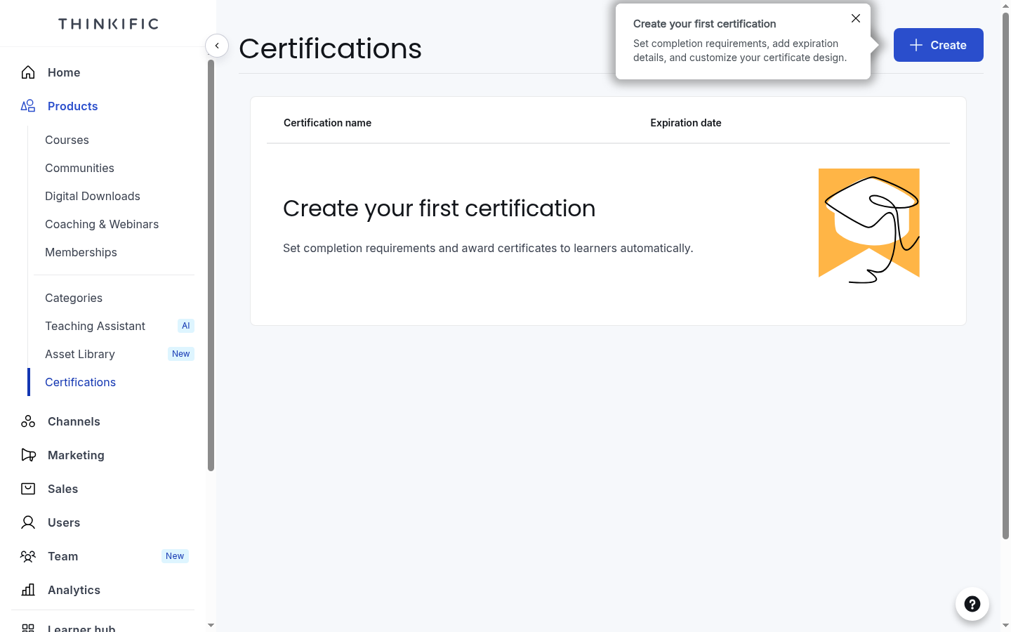 Thinkific's Certifications area in the admin on a new trial
