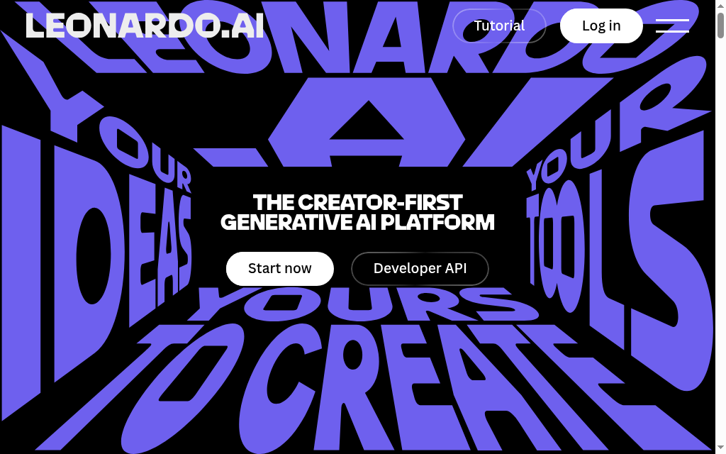 Leonardo AI’s landing page with creative platform and API links
