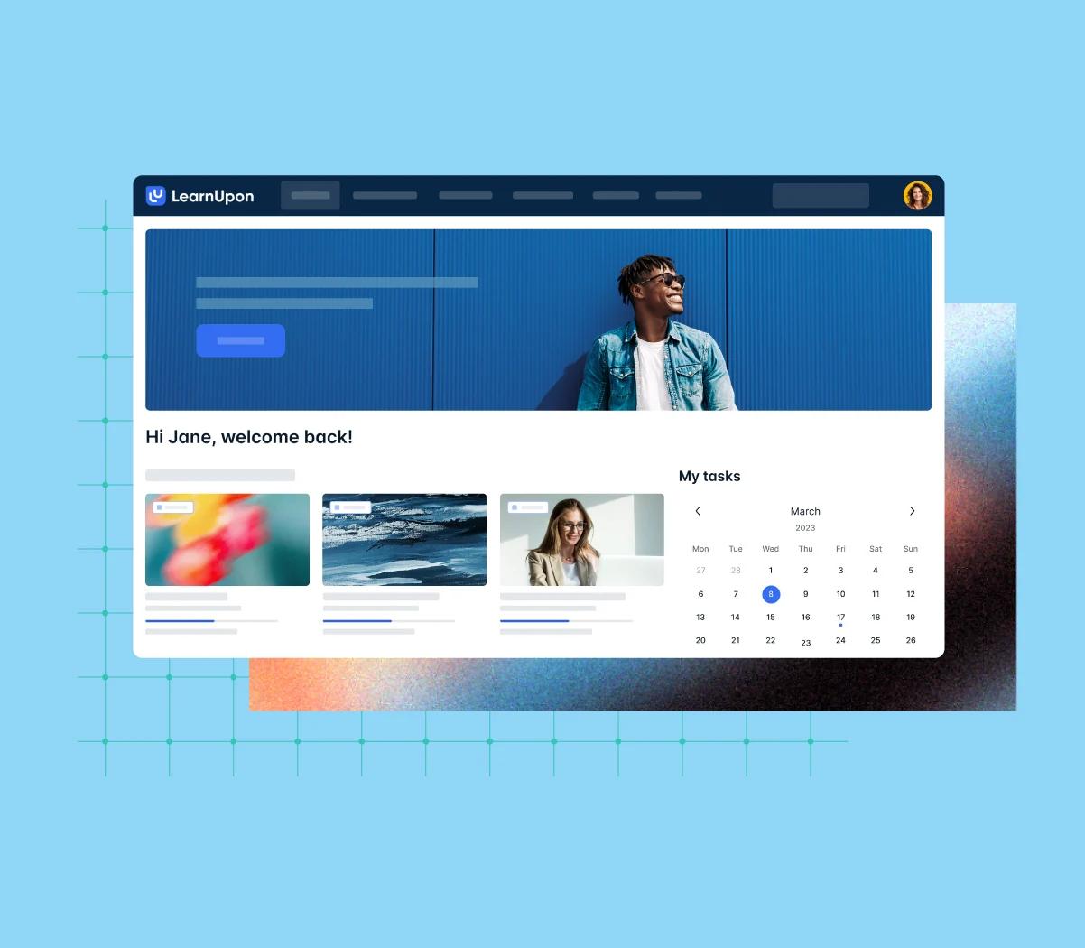 Official LearnUpon illustration of the learner homepage with courses and tasks