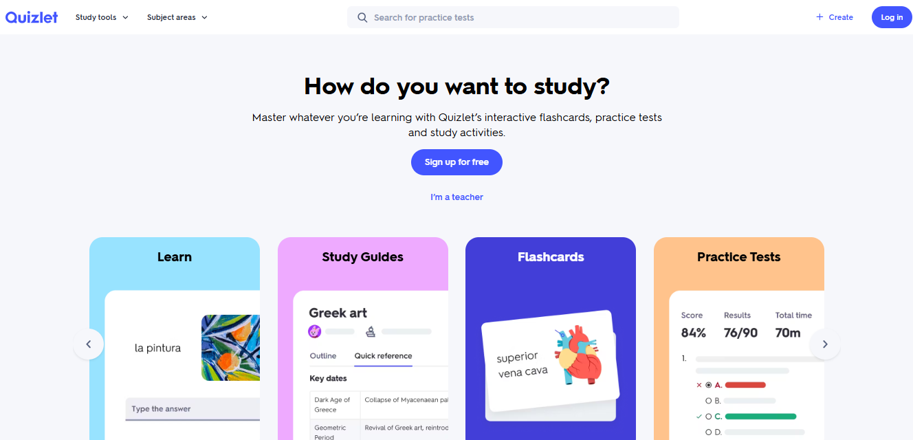 Quizlet home page