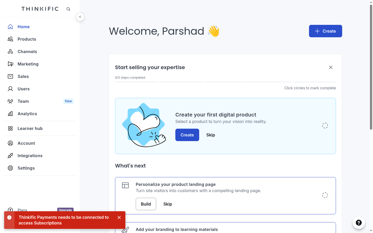 Thinkific's admin bouncing back to the dashboard with the error toast: Thinkific Payments needs to be connected to access Subscriptions