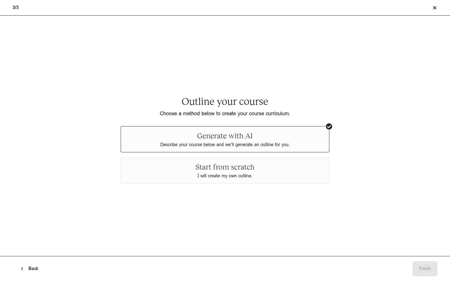 Teachable's course creation wizard at step three of three, headed "Outline your course", with "Generate with AI" already selected above "Start from scratch"