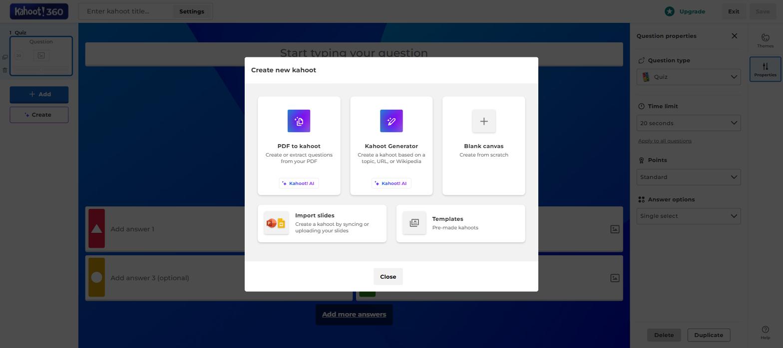 Kahoot's creation methods: two AI generators, blank canvas, slides import and templates