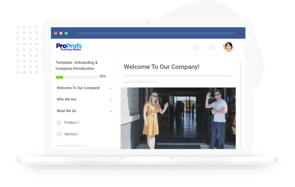 ProProfs Training Maker company-onboarding course template with lesson navigation