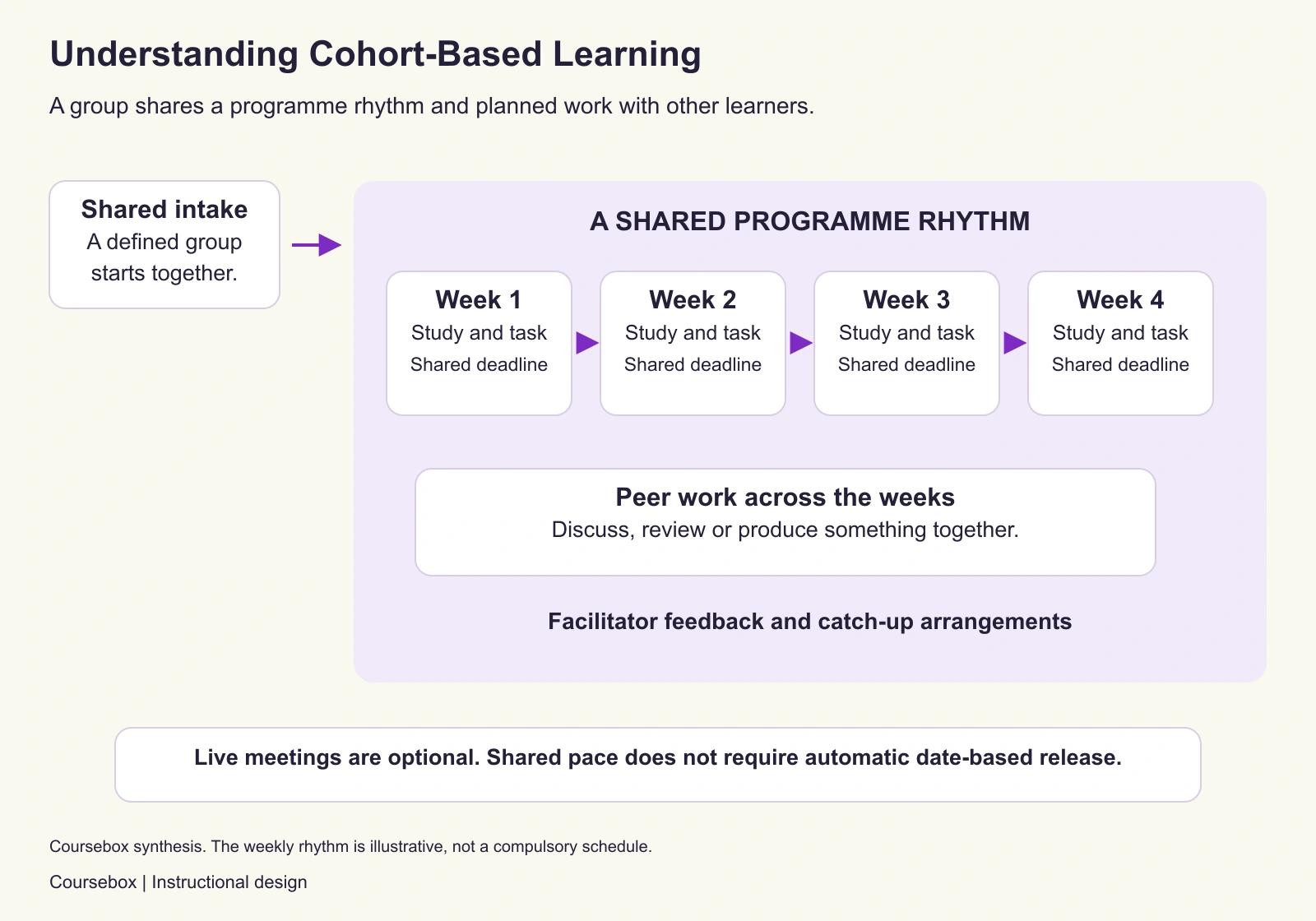A shared intake progresses through weekly study, tasks and common deadlines. Peer discussion and review connect the weeks, supported by facilitator feedback and catch-up arrangements. Live meetings are optional; this is a delivery design rather than a verified platform release feature.