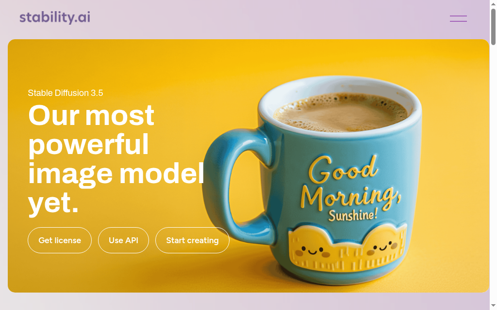Stability AI’s Stable Diffusion 3.5 page featuring an illustrated coffee mug