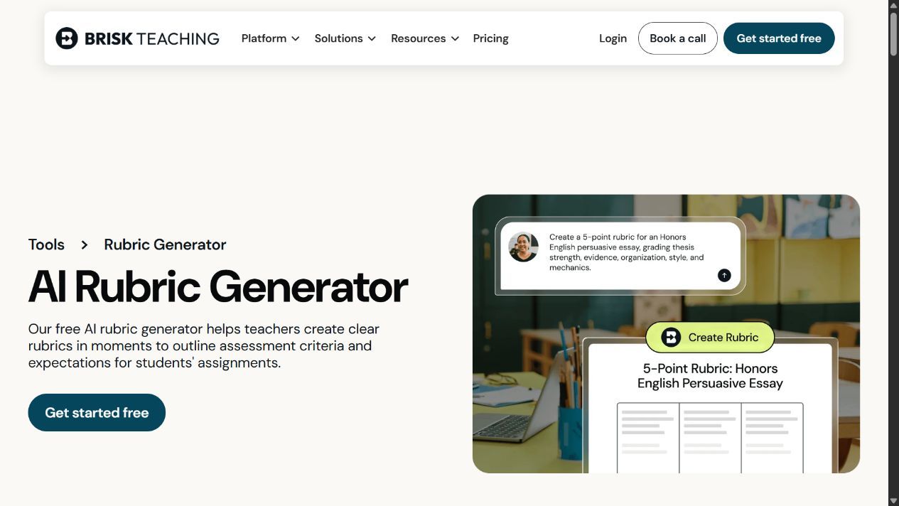 Pagina del generatore di griglie di Brisk Teaching che presenta il flusso di lavoro per la classe
