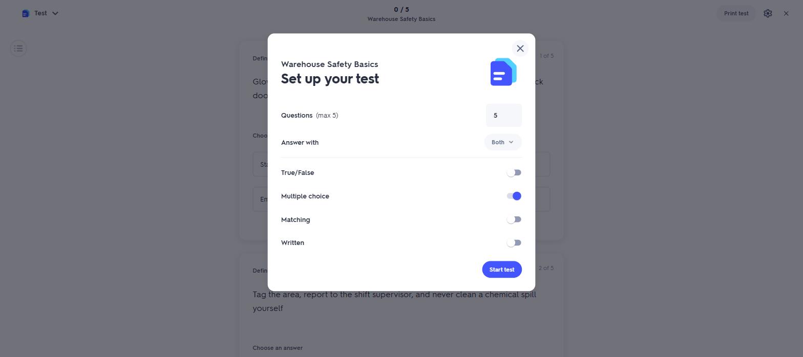 無料アカウントのTest設定画面:問題数の上限は5問