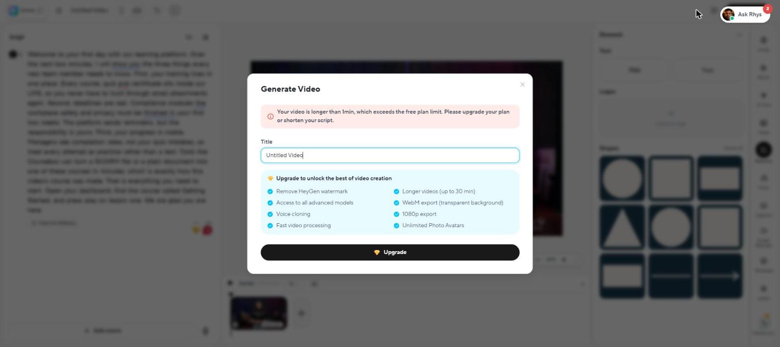 HeyGen's free-cap modal: over one minute, upgrade or shorten