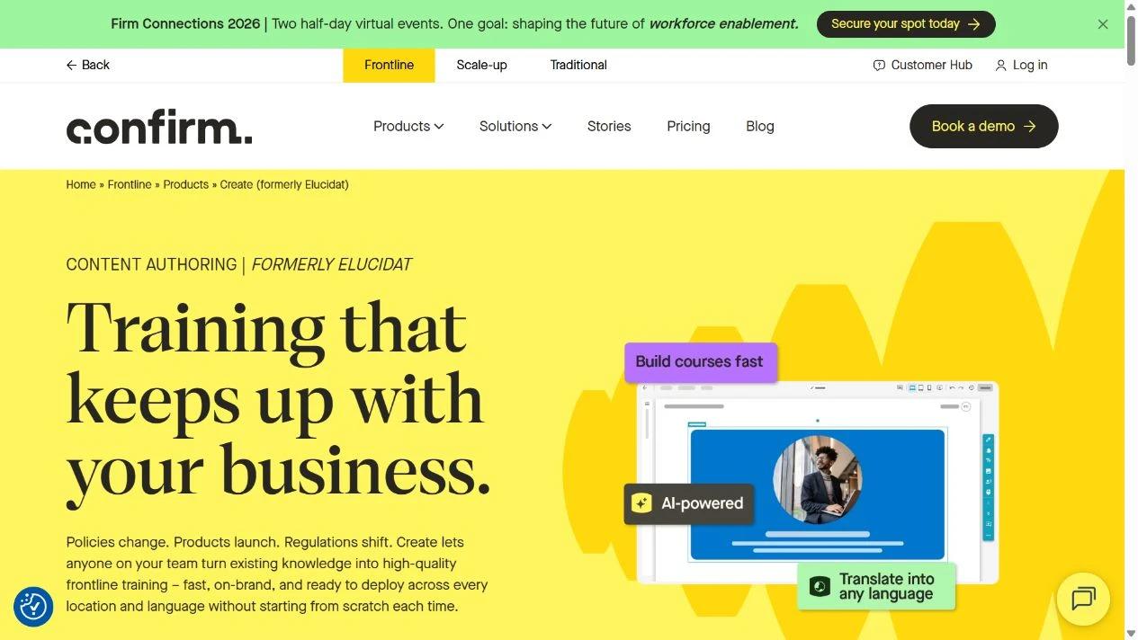 Página do produto Confirm Create para autoria de cursos, com exemplos de treinamento