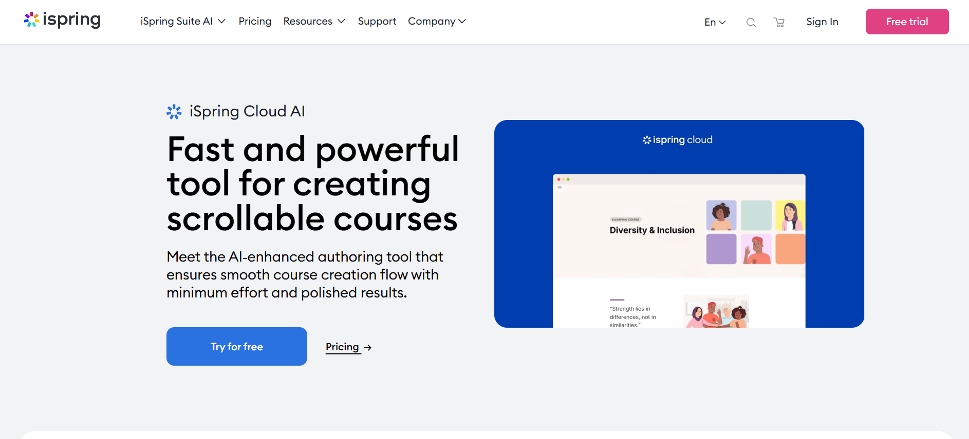 iSpring Cloud AI offers a browser-based editor that helps you build online courses quickly