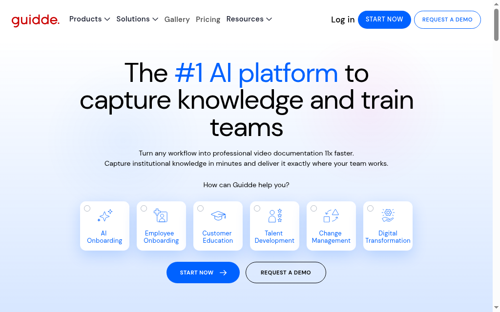 Productpagina van Guidde met het aanbod voor training en contentcreatie