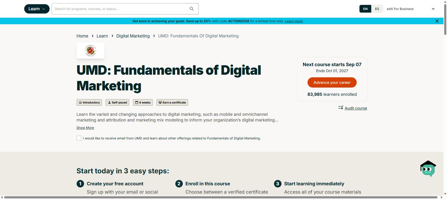 De cursuspagina van de University of Maryland op edX, met de link 'Audit course'