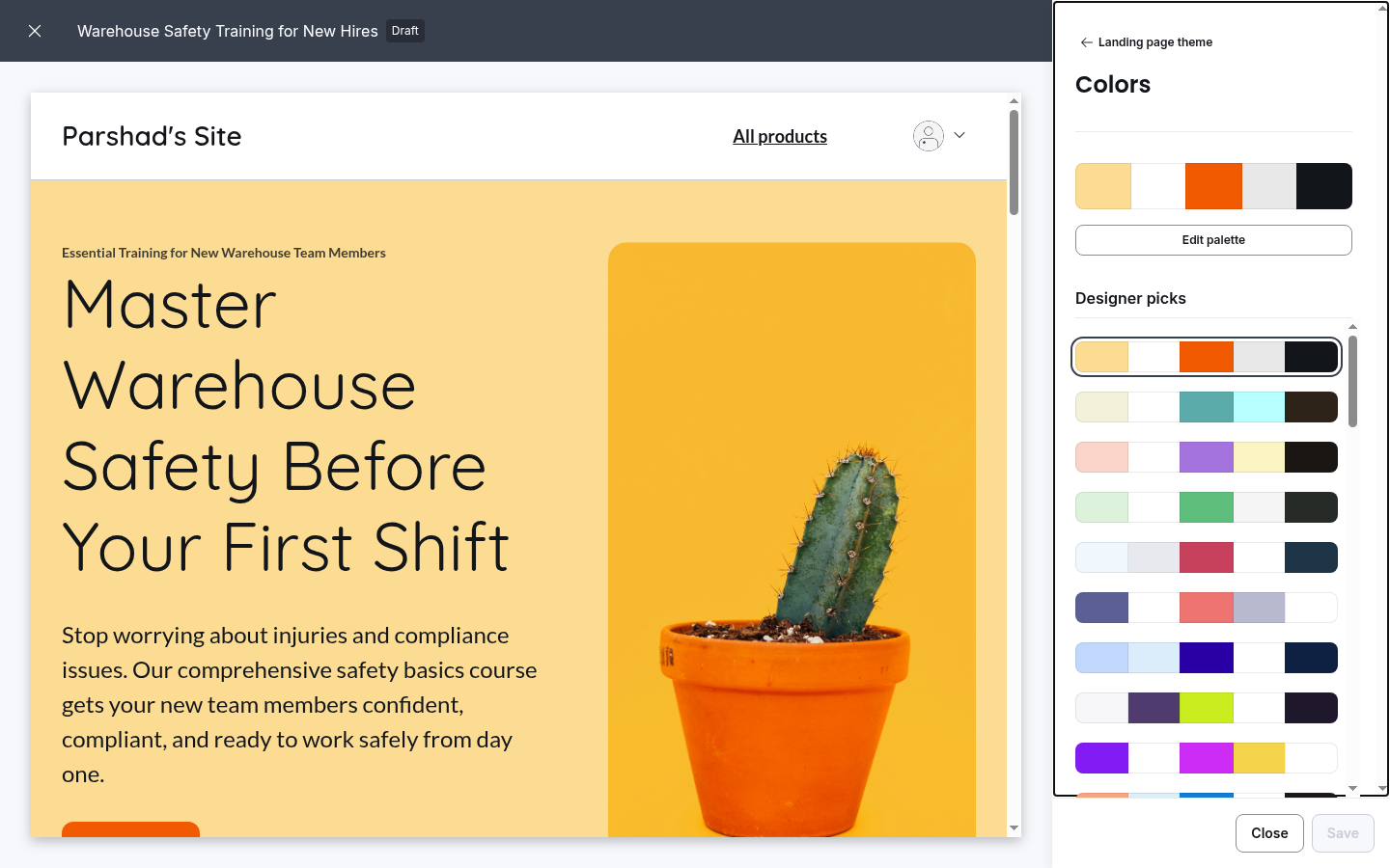 The sales landing page Thinkific generated from one typed line, open in its site editor with the theme colour picker