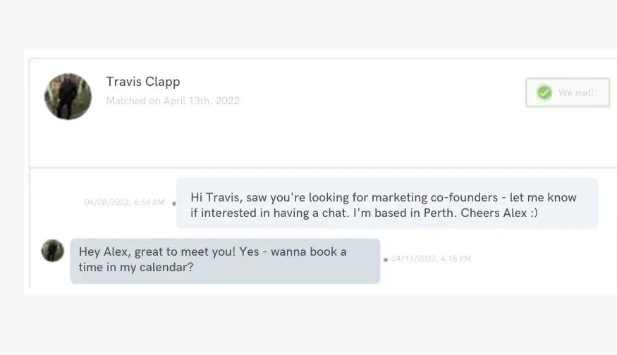 Y Combinator co-founder matching platform showing Alex Hey and Travis Clapp matched on April 13, 2022, with their first direct messages