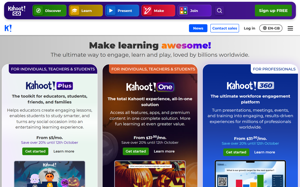 Kahoot homepage showing its education, individual and business product options