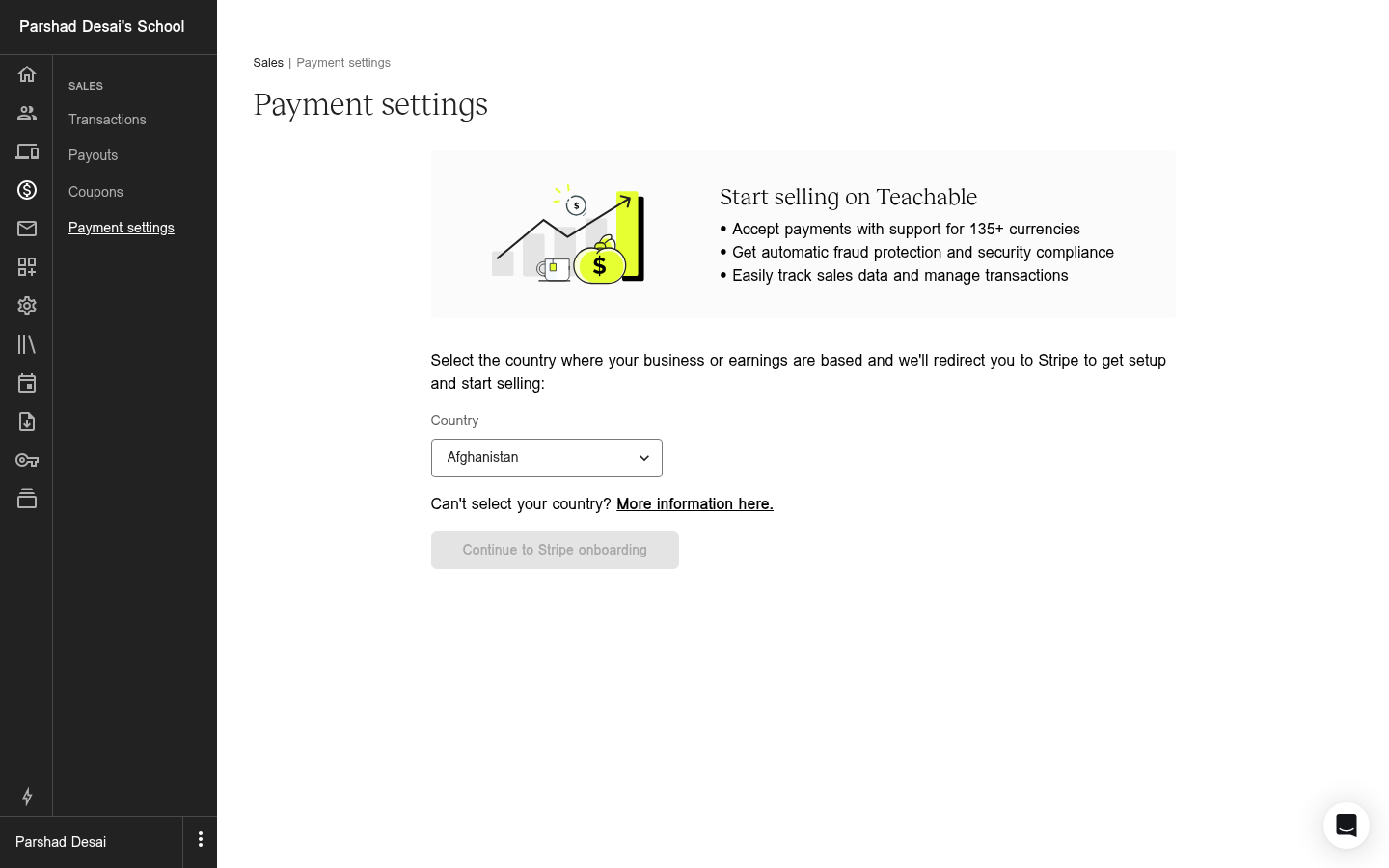 Teachable's payment settings screen, offering Stripe onboarding with support for 135+ currencies and a country selector