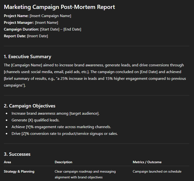 Write a post-mortem report for a completed marketing campaign project, highlighting successes, challenges, and lessons learned.