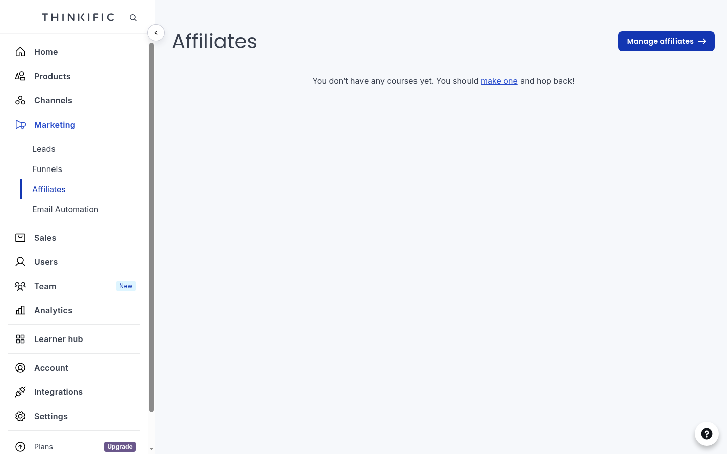 Thinkific's Affiliates area in the admin, where tracking lives but payouts are performed outside the platform