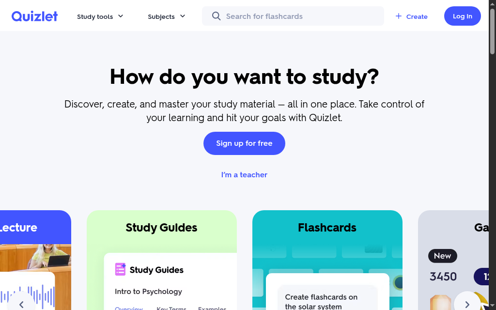 Quizlet homepage