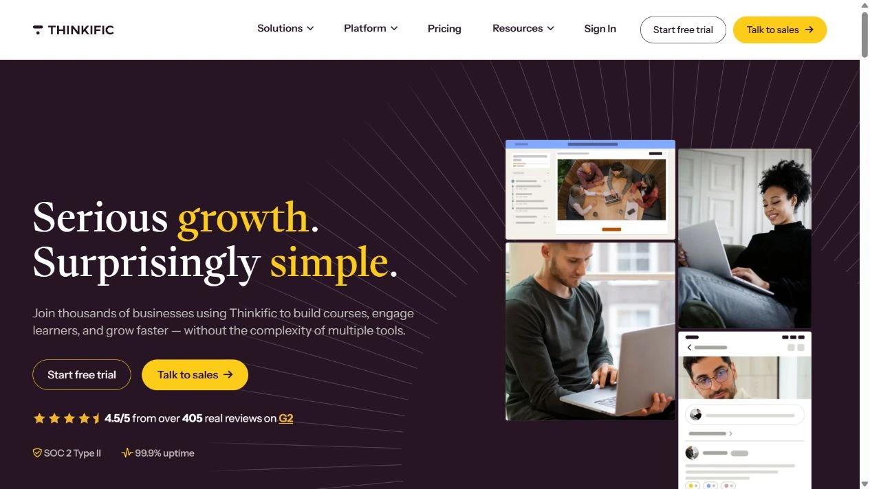 Homepage di Thinkific con la sua piattaforma ospitata per corsi e attività formative