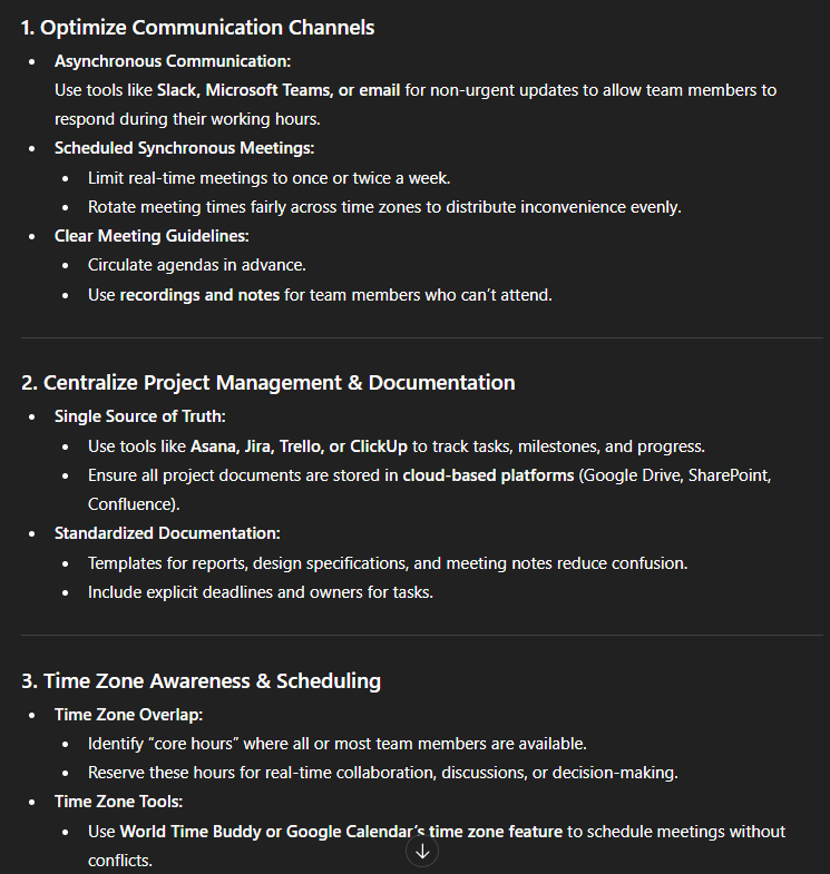 Suggest ways to improve collaboration and productivity for a remote project team working across different time zones.