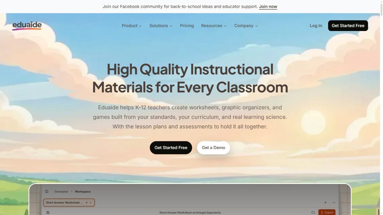 Homepage di Eduaide che presenta materiali didattici e verifiche allineati agli standard