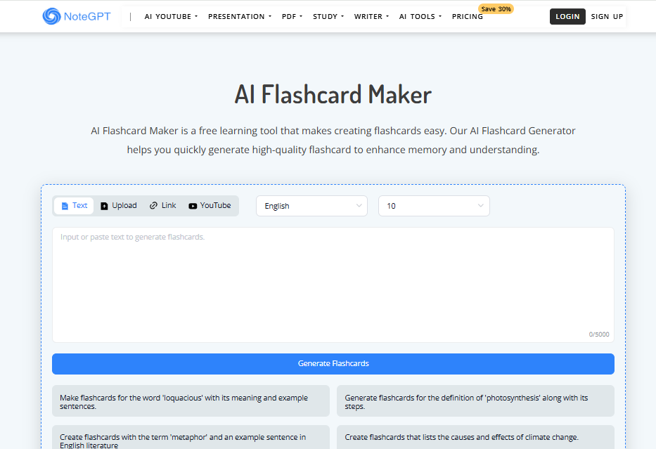 NoteGPT flashcard generator