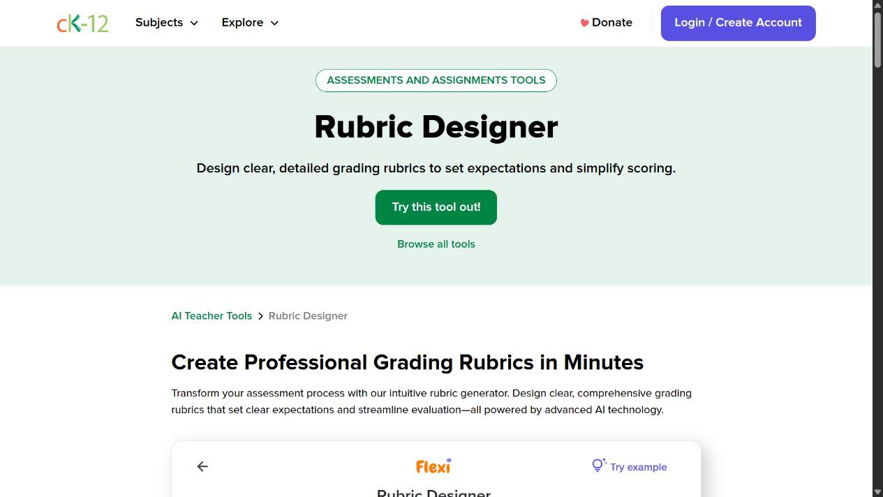 Pagina di CK-12 Rubric Designer che descrive criteri di valutazione modificabili e formati disponibili