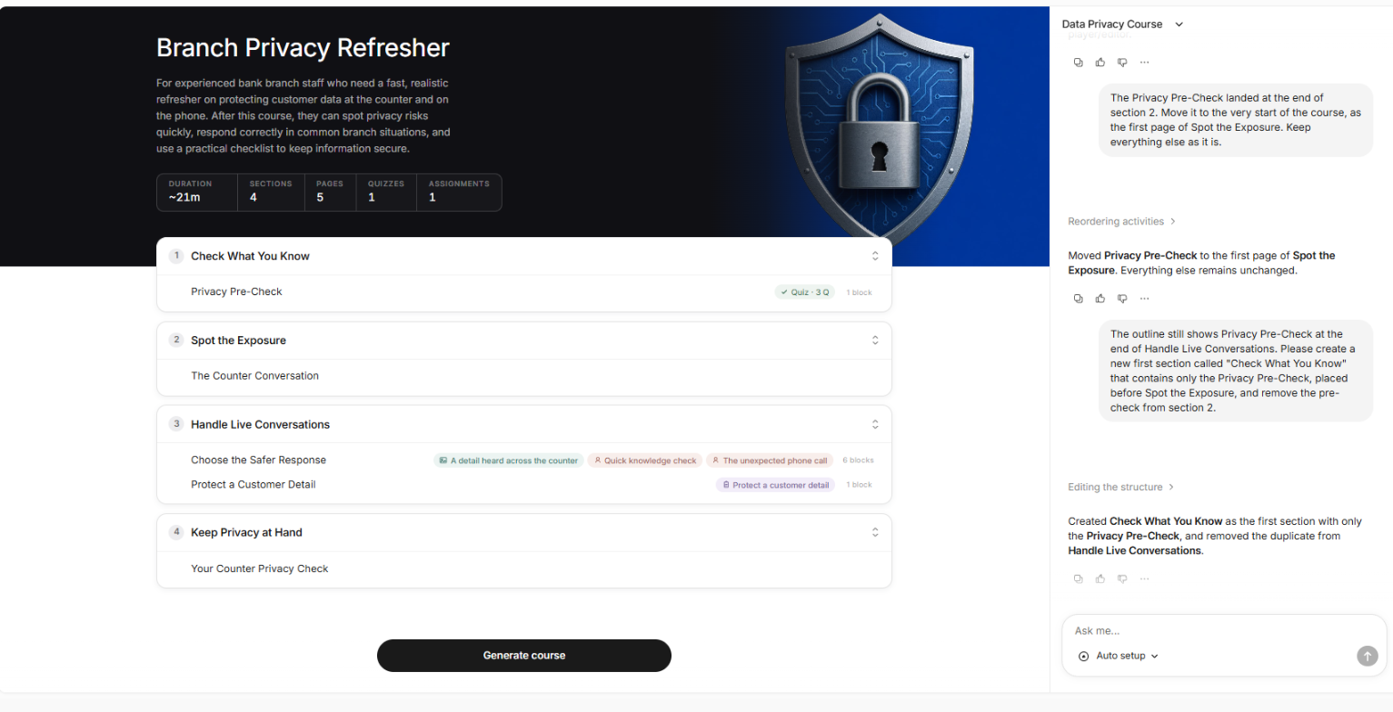 Coursebox outline for the branch privacy refresher: Check What You Know pre-check first, then Spot the Exposure, Handle Live Conversations and Keep Privacy at Hand, about 21 minutes