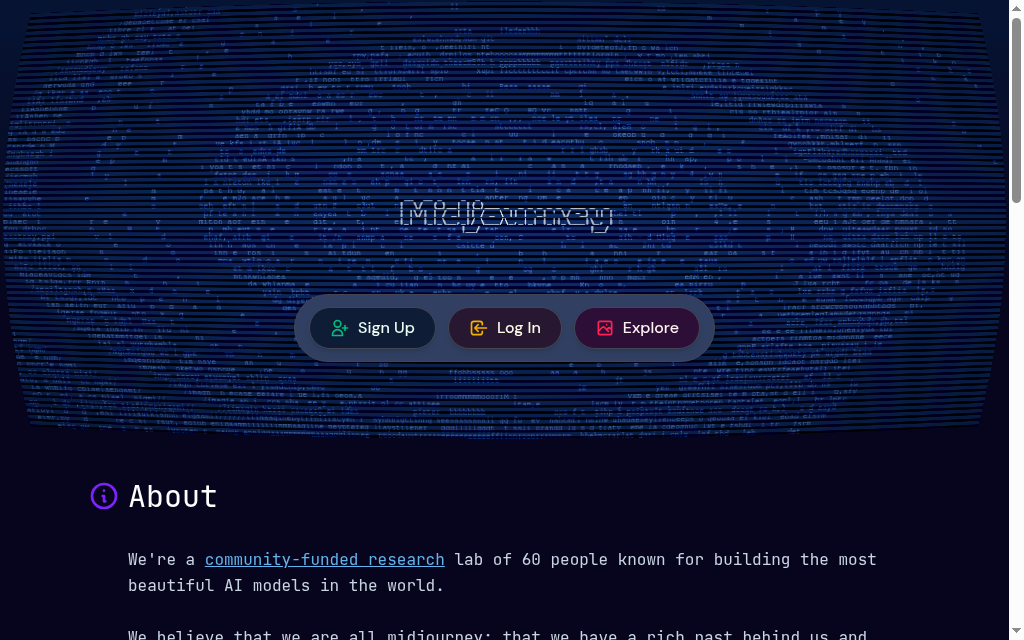 Midjourney’s landing page with sign-up, login and Explore buttons