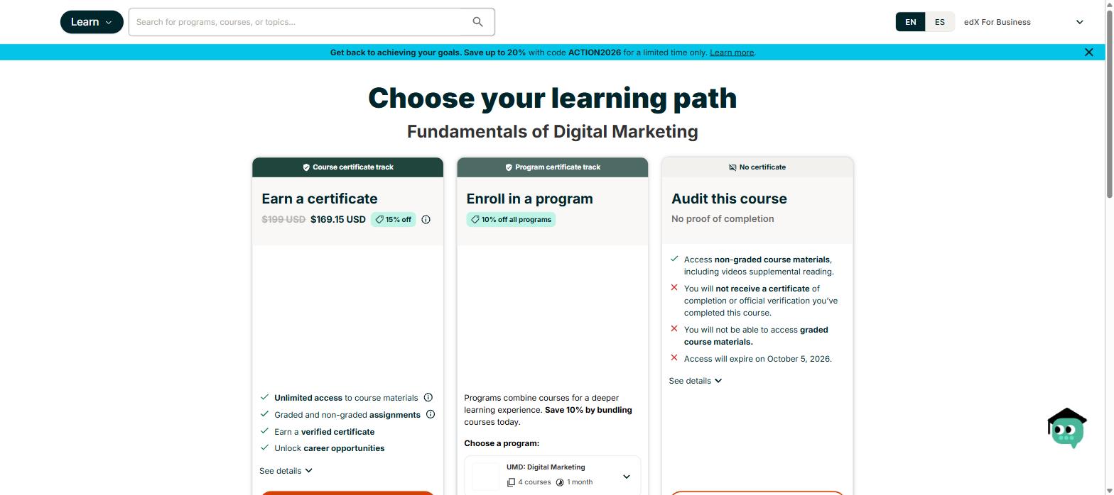 Het keuzescherm van edX: certificaat, programma en gratis audit met de prijzen naast elkaar