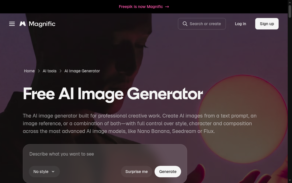 Magnific’s image-generator page with the Freepik rebrand banner and prompt field