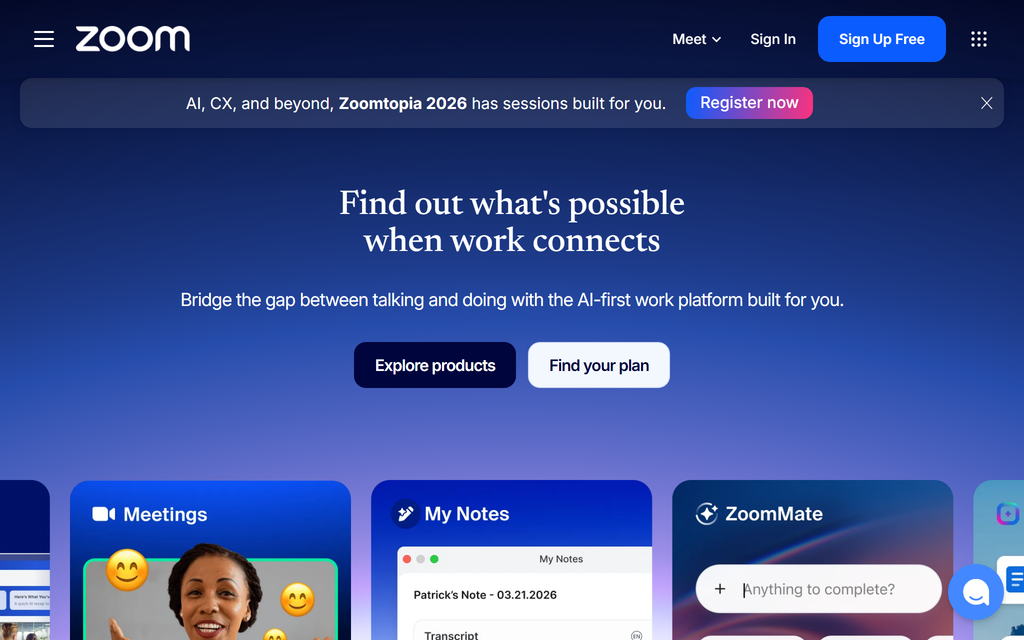 الصفحة الرئيسية لـ Zoom تقدم أدوات التعاون في بيئة العمل