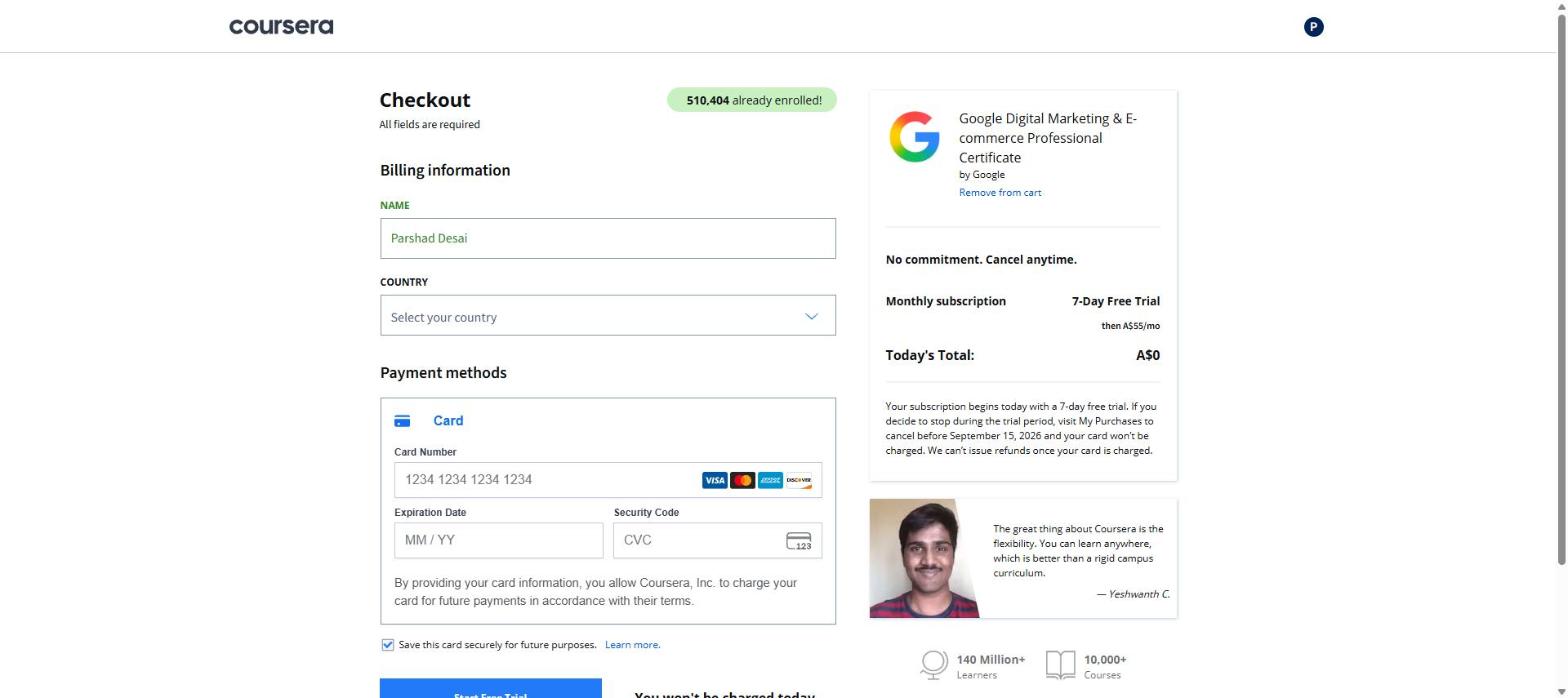 De betaalpagina van Coursera voor de gratis proefperiode: factuurgegevens en kaartnummer verplicht, totaal A$0
