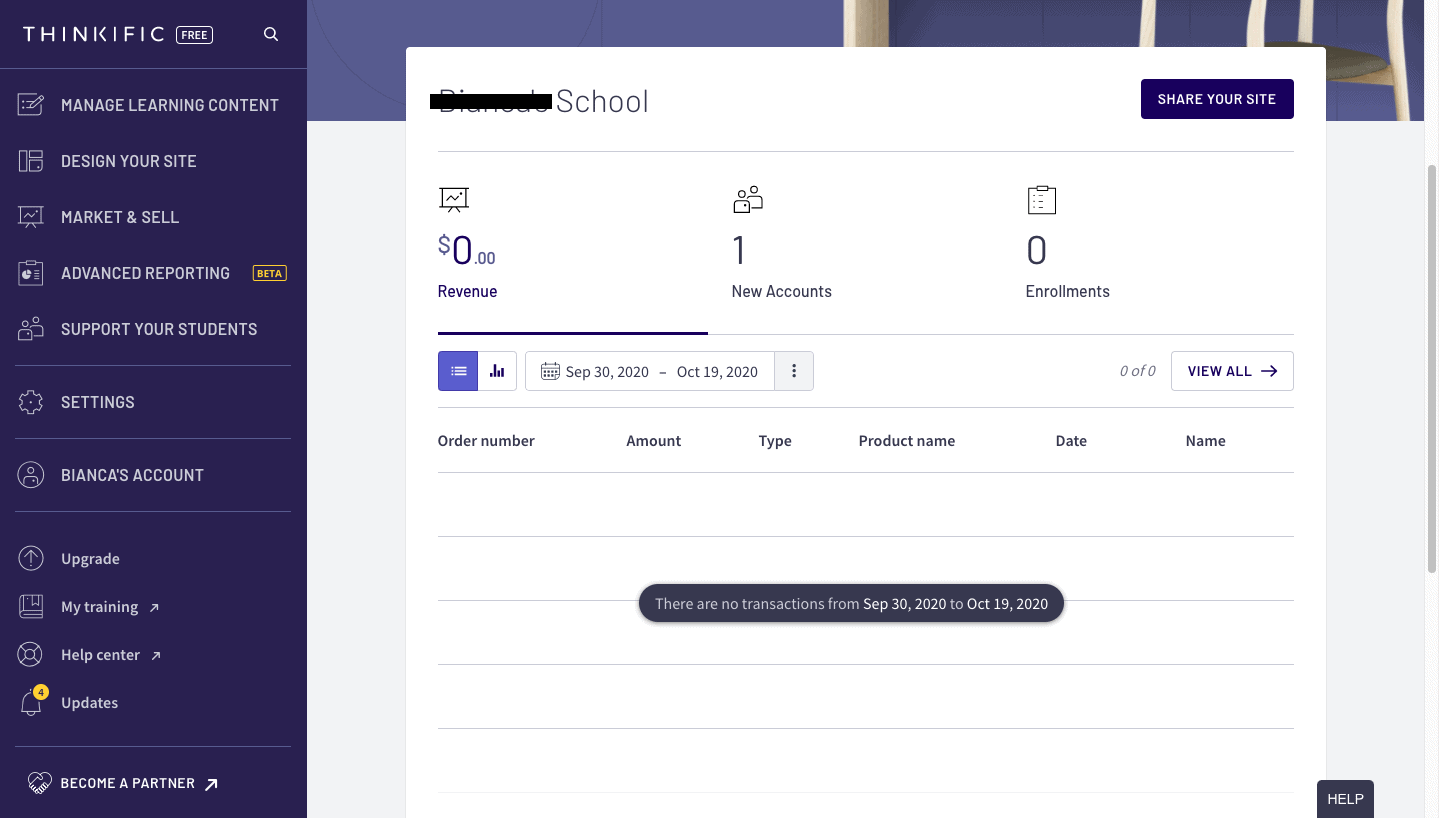Thinkific dashboard